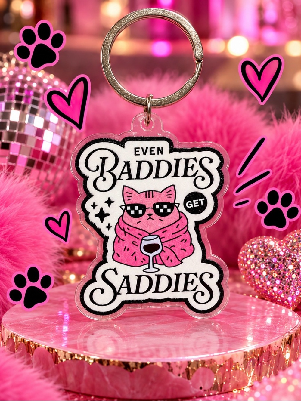 Even Baddies Get Saddies Pink Cat Keychain